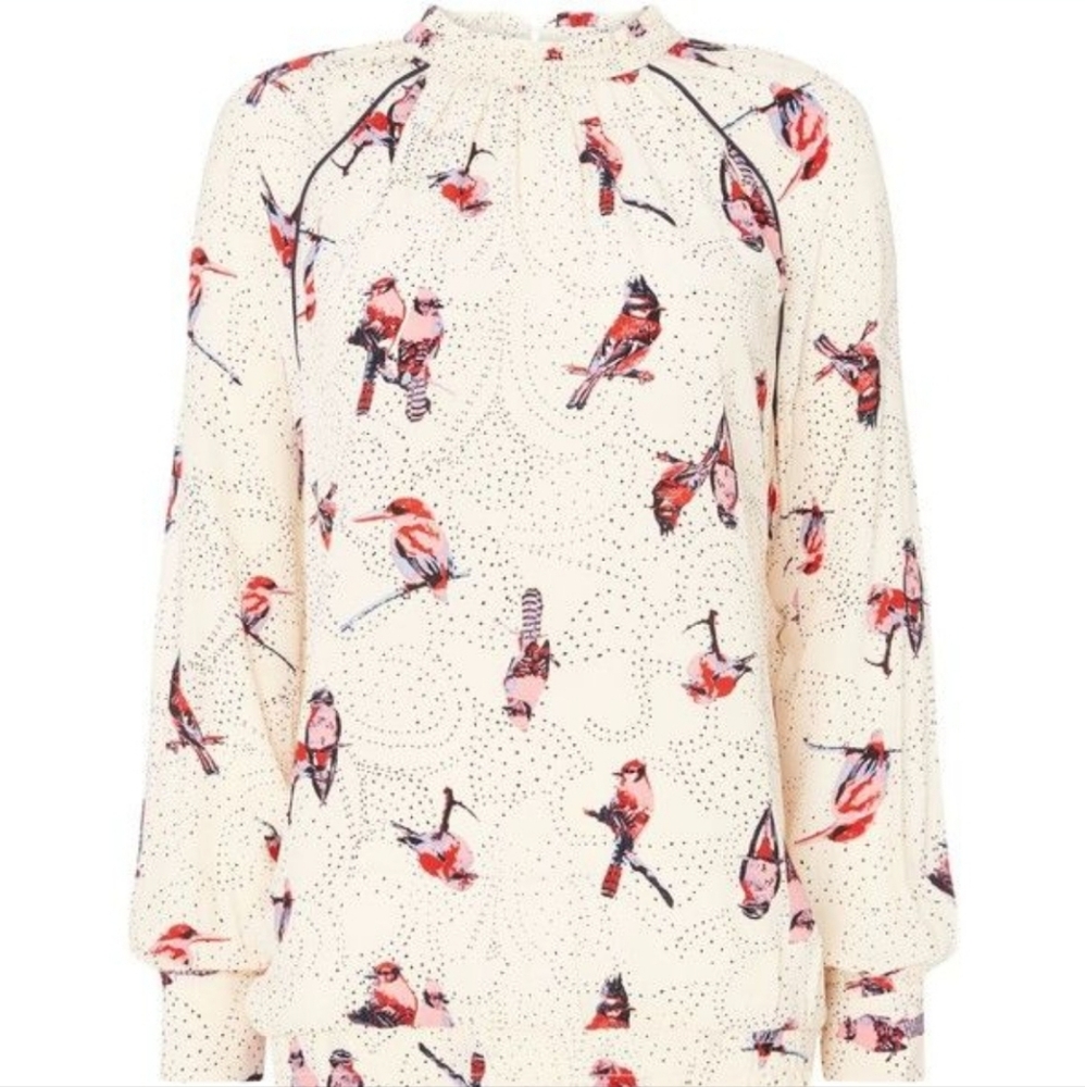 Summer Second Female High Neck Blouse With Bird Print Long Sleeve